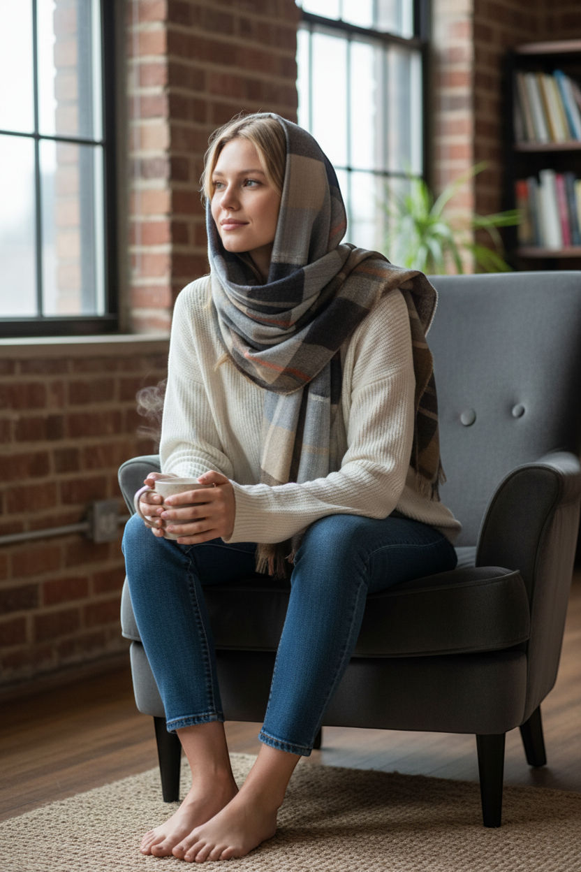Brown Herringbone Wool Scarf